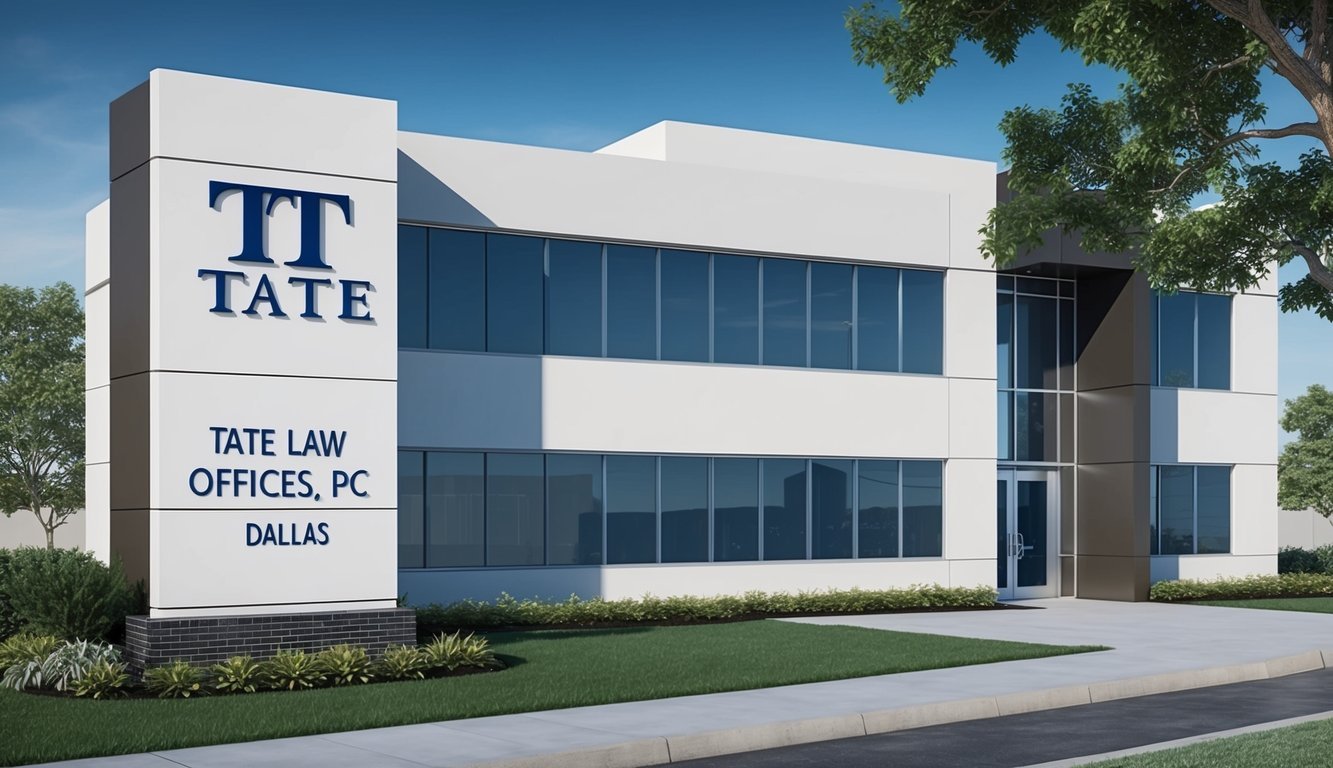 The exterior of Tate Law Offices, PC in Dallas, showcasing a modern building with a sleek design and professional signage