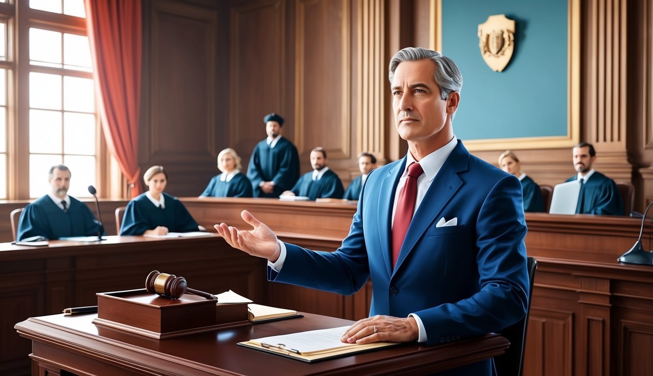 A courtroom with a distinguished lawyer presenting a case with confidence and authority