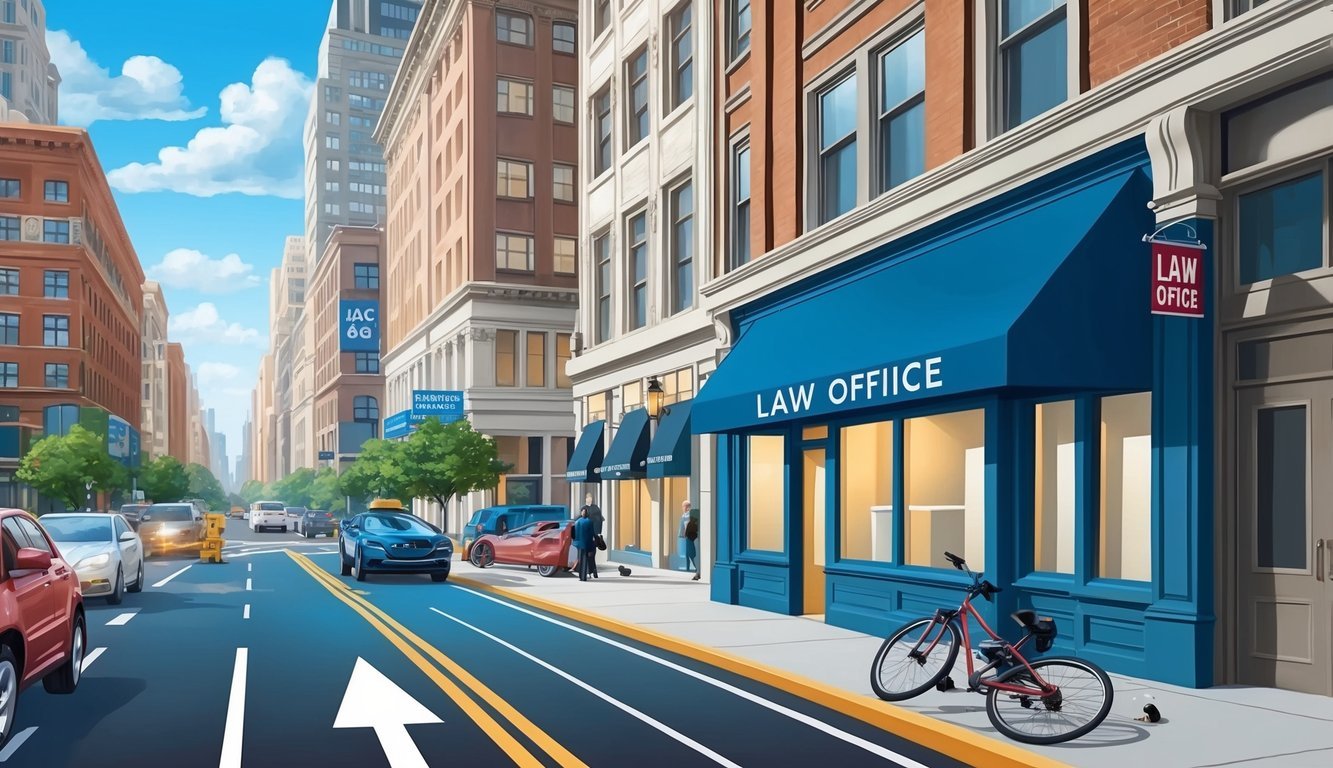 A bustling city street with a prominent law office sign and a bicycle accident scene in the foreground