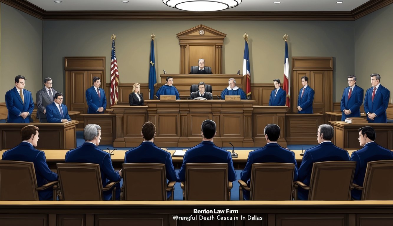 A somber courtroom with a judge's bench and witness stand, filled with attorneys and a jury, representing the Benton Law Firm in a wrongful death case in Dallas