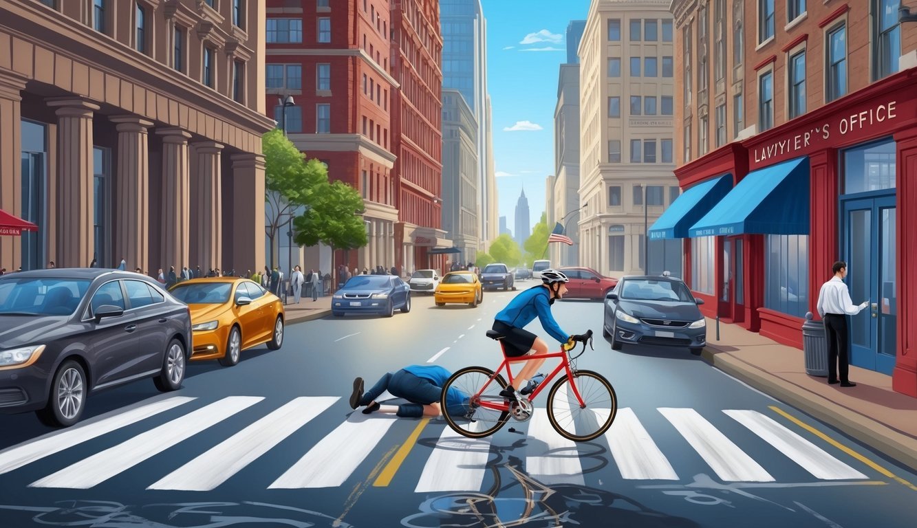 A bustling city street with a cyclist in distress and a lawyer's office in the background