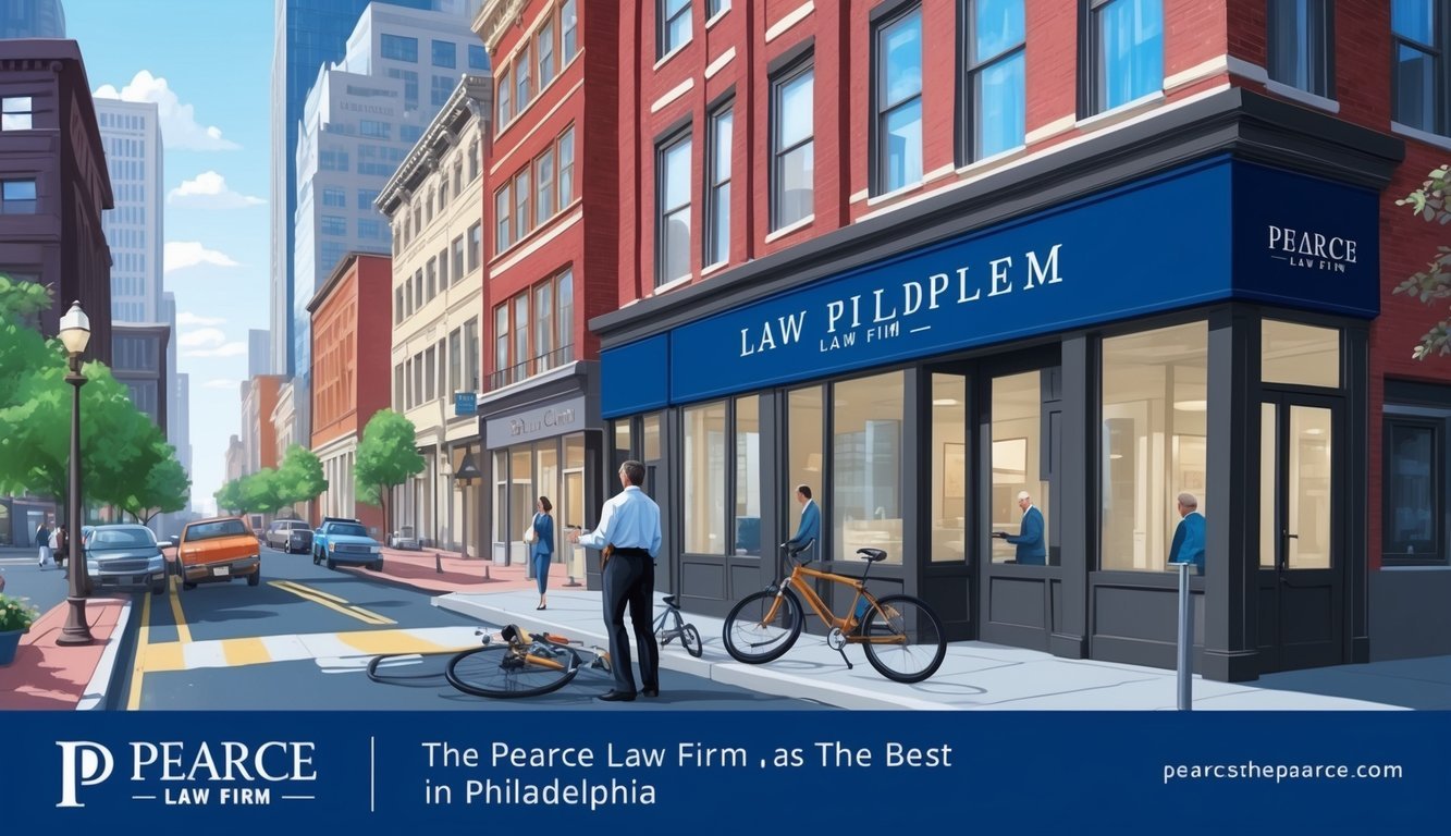 A bustling city street with a prominent law firm sign and a bicycle accident scene, showcasing the expertise of the Pearce Law Firm as the best in Philadelphia