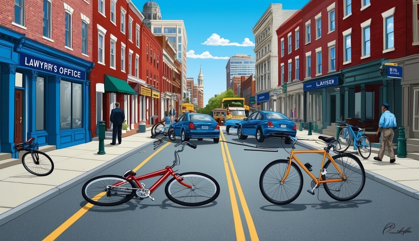 A bustling Philadelphia street with a bicycle accident scene, showing a lawyer's office sign in the background