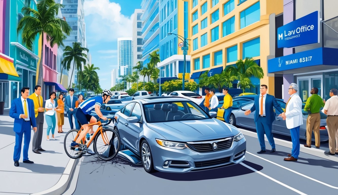 A bustling Miami street with a cyclist colliding with a car, surrounded by onlookers and a prominent law office sign in the background