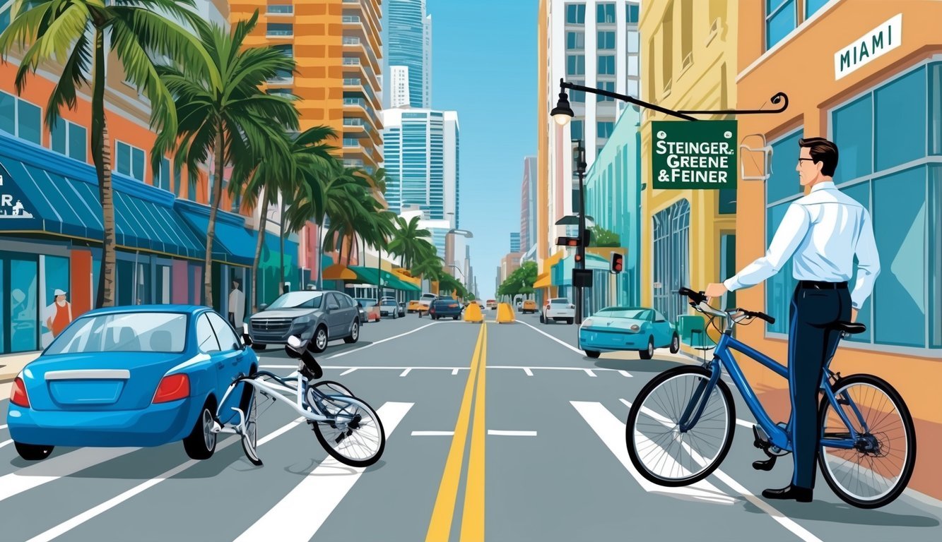 A bustling Miami street with a bicycle accident scene, featuring a lawyer from Steinger, Greene & Feiner providing legal assistance