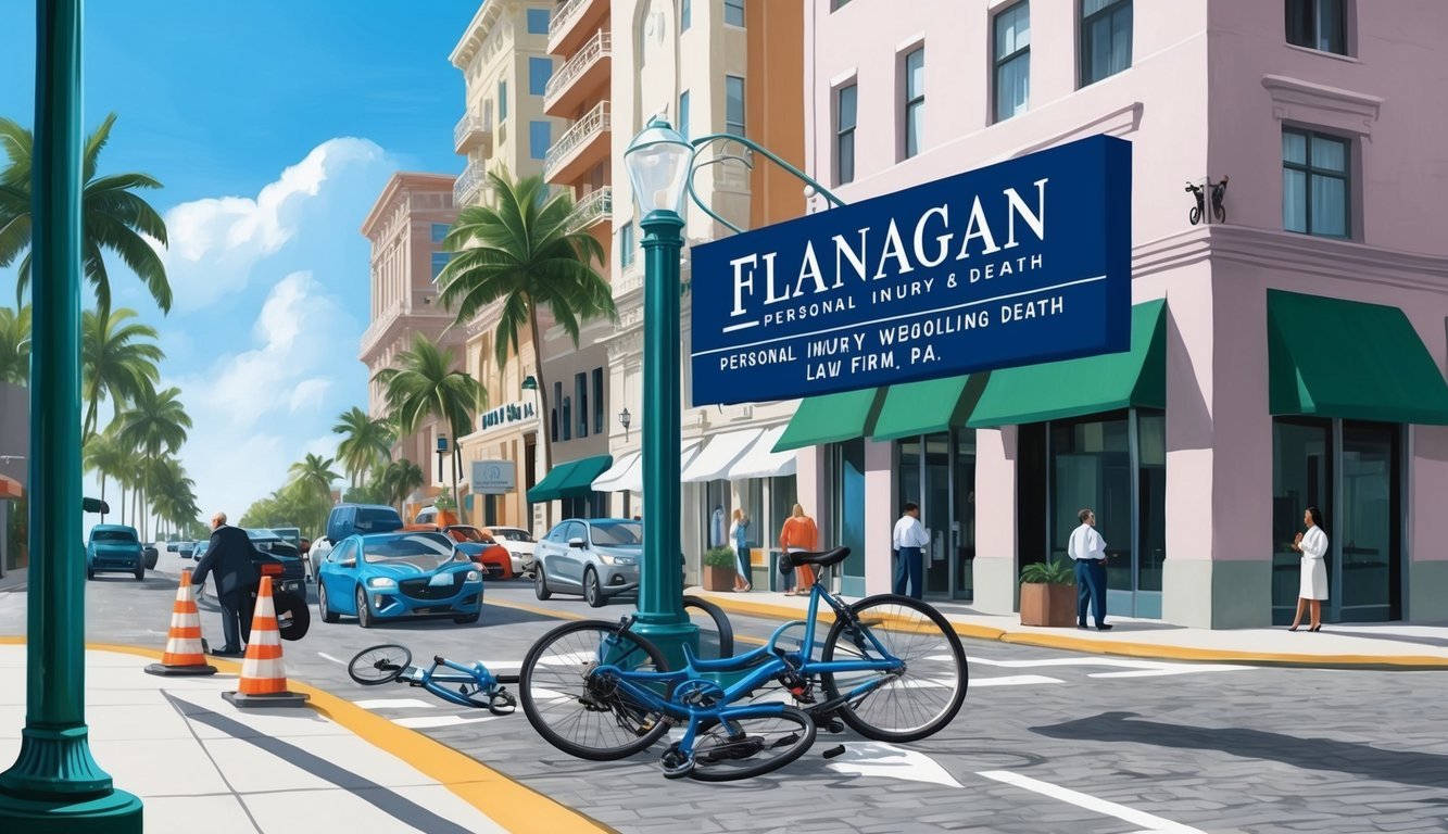 A bustling Miami street with a bicycle accident scene, featuring a prominent sign for Flanagan Personal Injury & Wrongful Death Law Firm, P.A