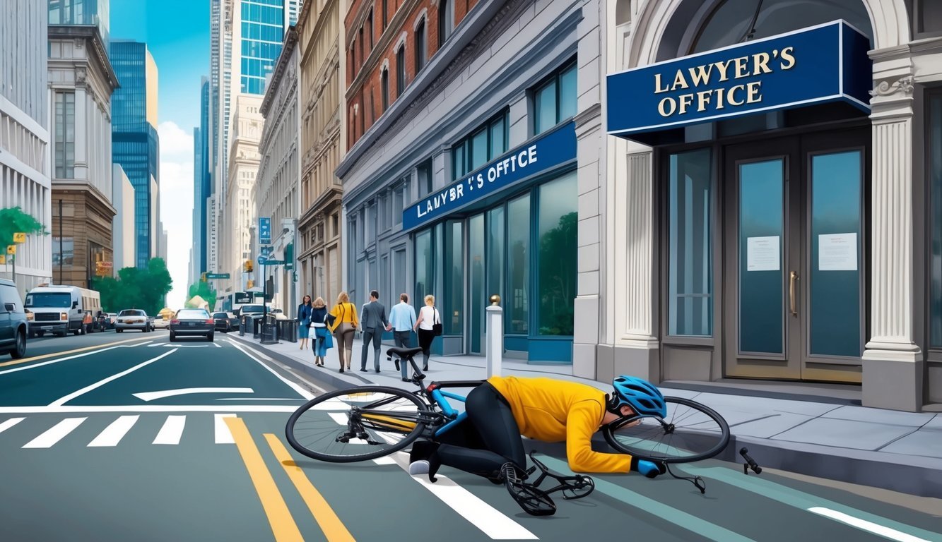 A busy city street with a cyclist lying on the ground next to a damaged bicycle, while a lawyer's office sign is prominently displayed in the background