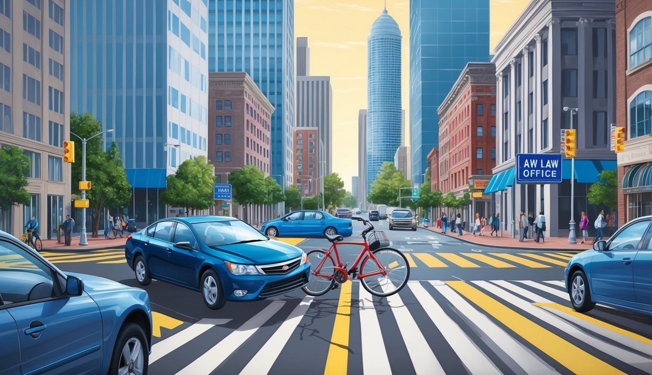 A busy city intersection with a bicycle and car collision, surrounded by skyscrapers and a prominent law office sign