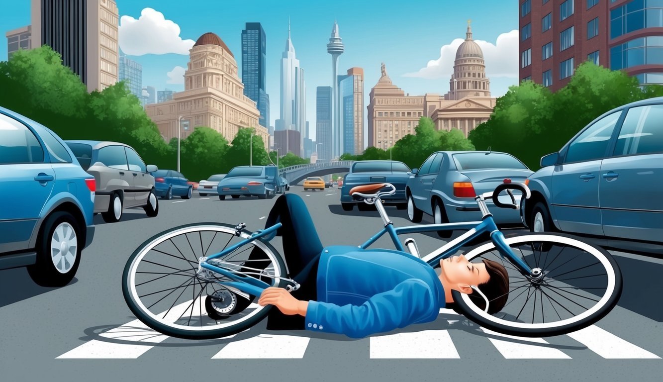 A cyclist lies on the ground next to a damaged bicycle, surrounded by traffic and a city skyline, with a lawyer's office in the background