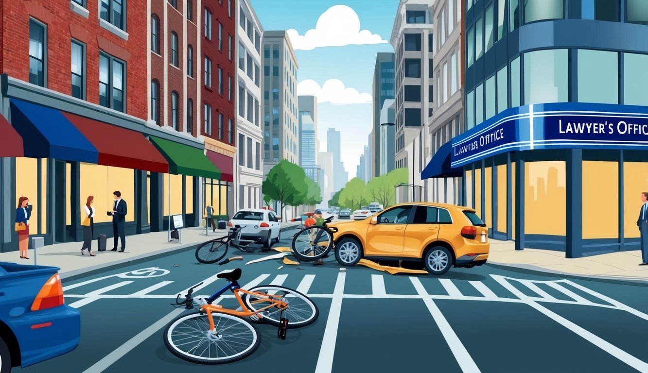 A bustling city street with a bicycle accident scene, showing a lawyer's office sign in the background