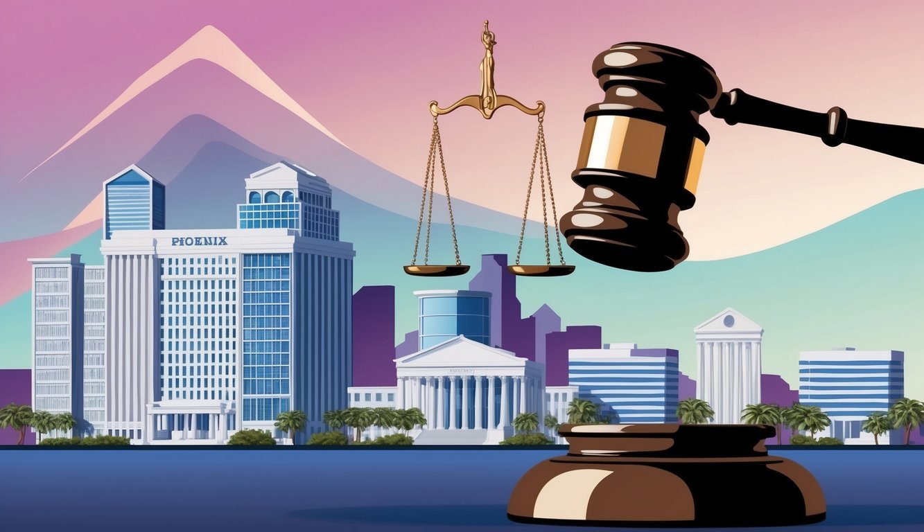 A Phoenix skyline with a prominent law office building and a symbolic representation of justice, such as a scale or gavel, in the foreground