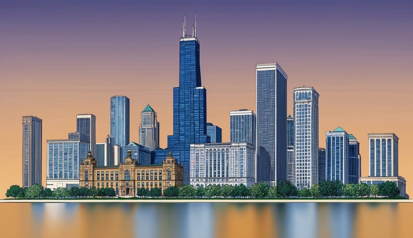 A skyline of Chicago with a prominent law office building