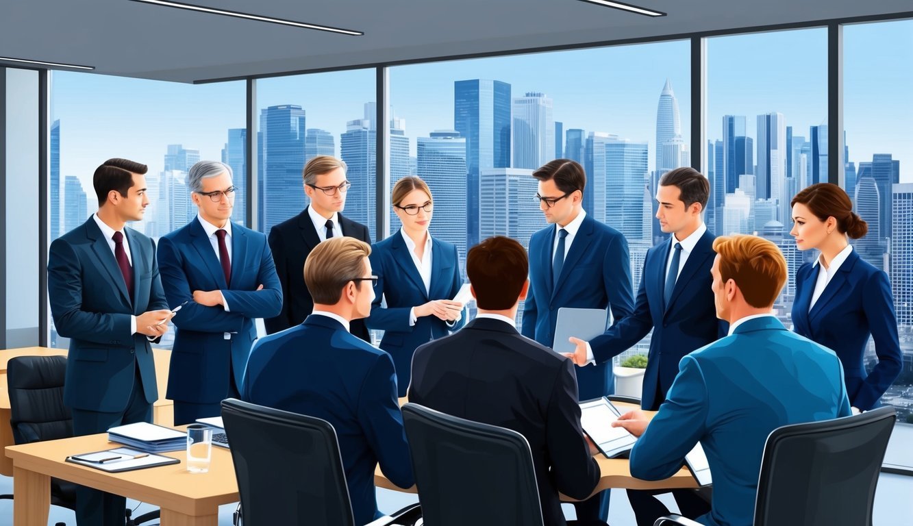 A group of lawyers discussing a case in a modern office with city skyline in the background