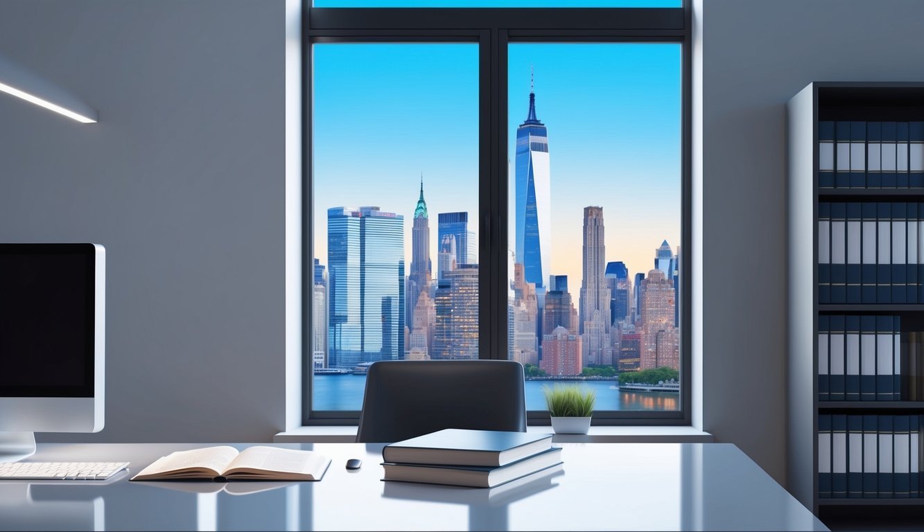 A modern office with a sleek desk, computer, and law books.</p><p>A prestigious New York City skyline visible through the window