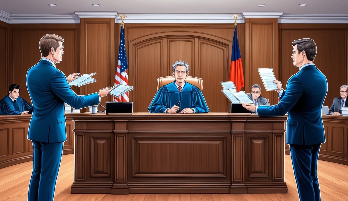 A courtroom with a judge presiding over a case involving a birth injury, with lawyers presenting evidence and arguing their points