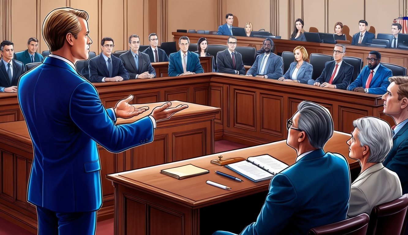 A courtroom with a lawyer presenting a compelling case to a jury