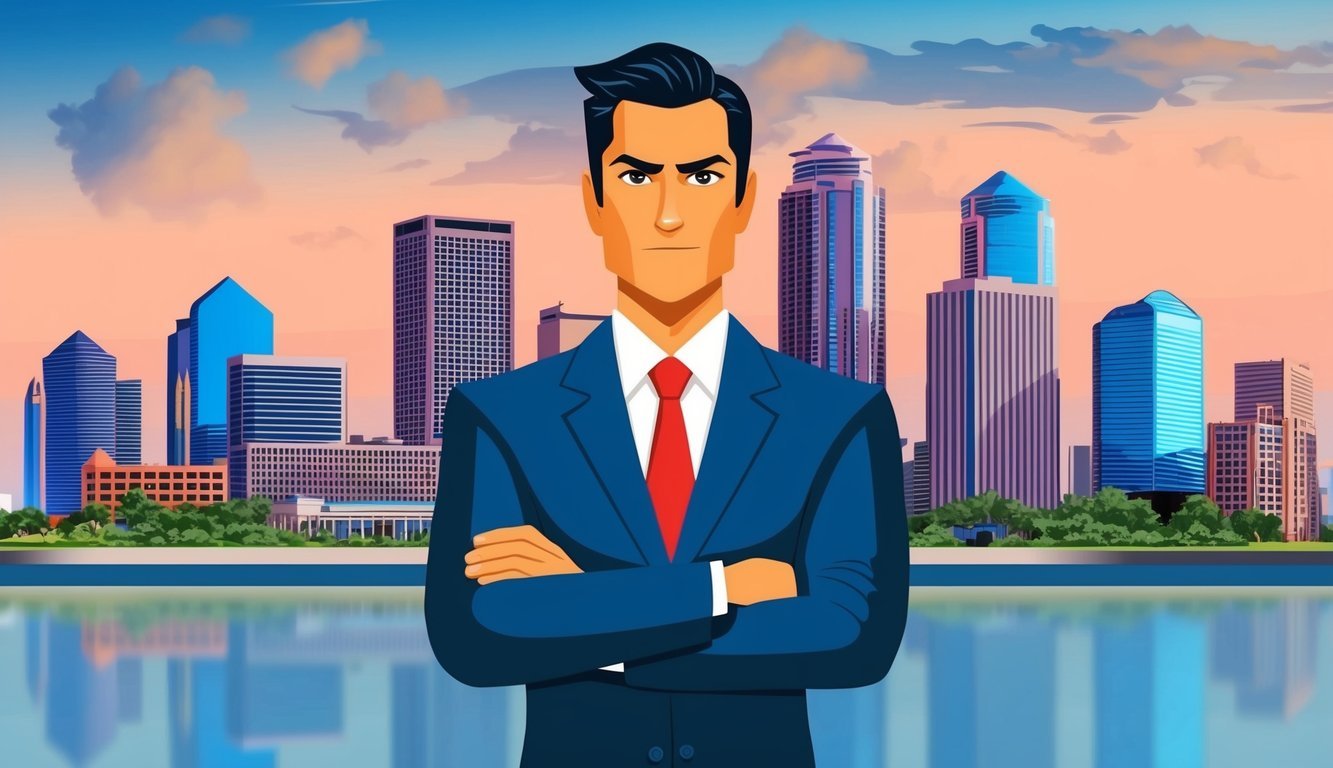 A confident lawyer standing in front of a Houston skyline, with a determined expression and a sense of professionalism