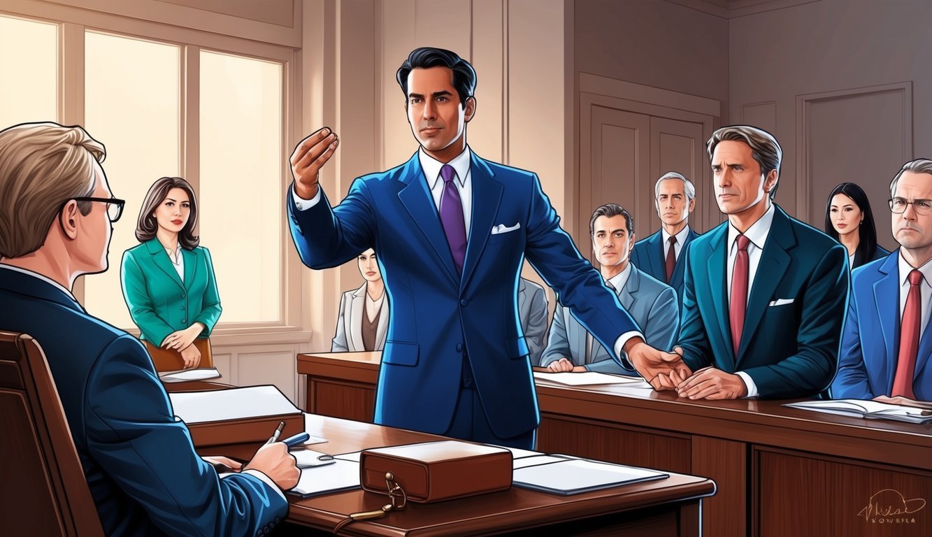 A courtroom scene with a confident lawyer presenting evidence to a jury