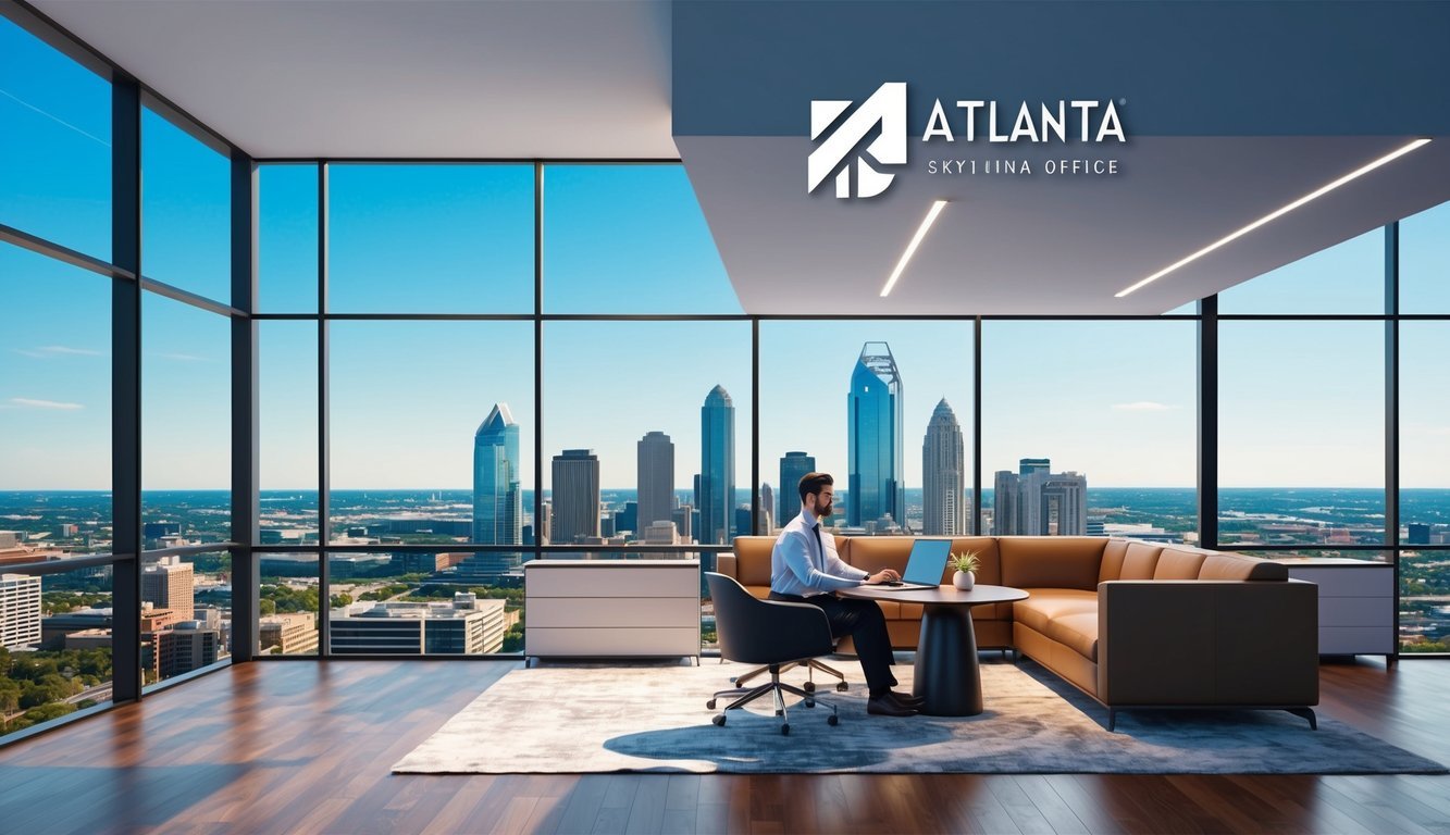 A modern office with a skyline view of Atlanta, featuring a sleek logo and professional atmosphere