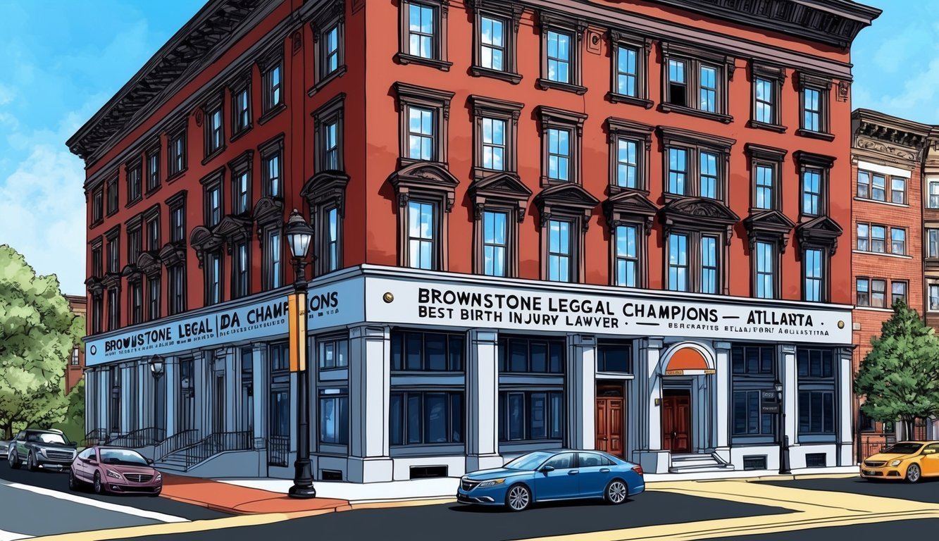 A grand, historic brownstone building in Atlanta, with a prominent sign reading "Brownstone Legal Champions - Best birth injury lawyer."