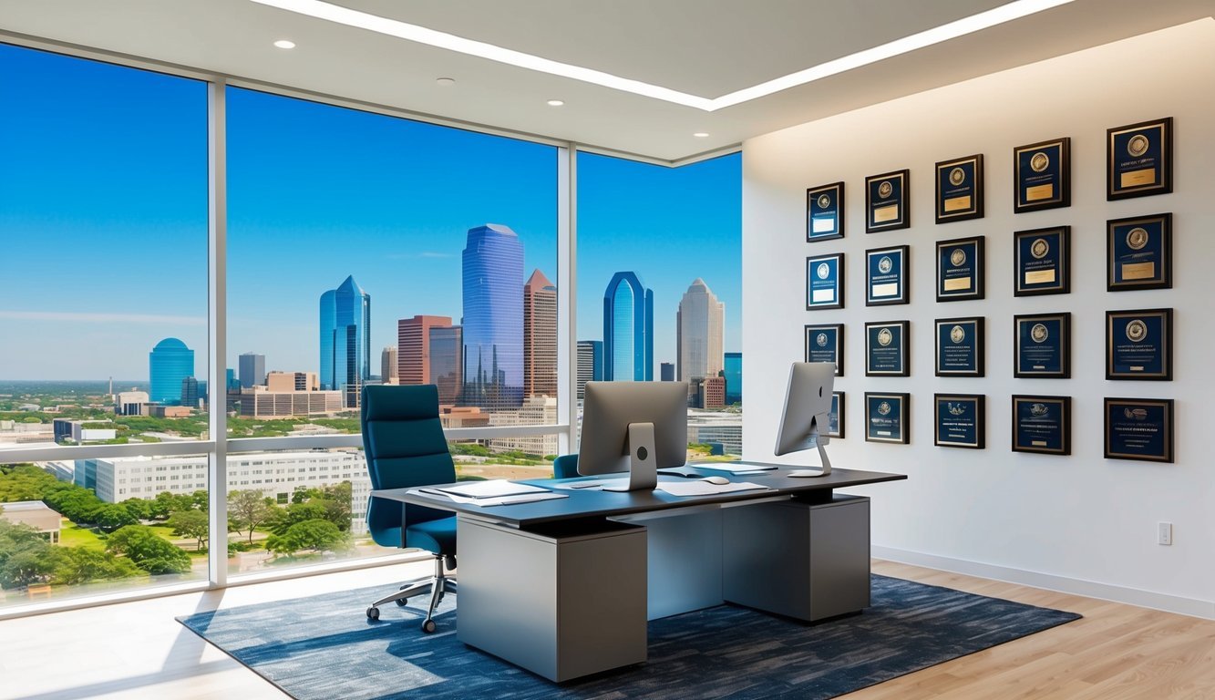 A sleek and modern office space with a skyline view of Houston, featuring a desk with legal documents and a computer, and a wall adorned with accolades and awards