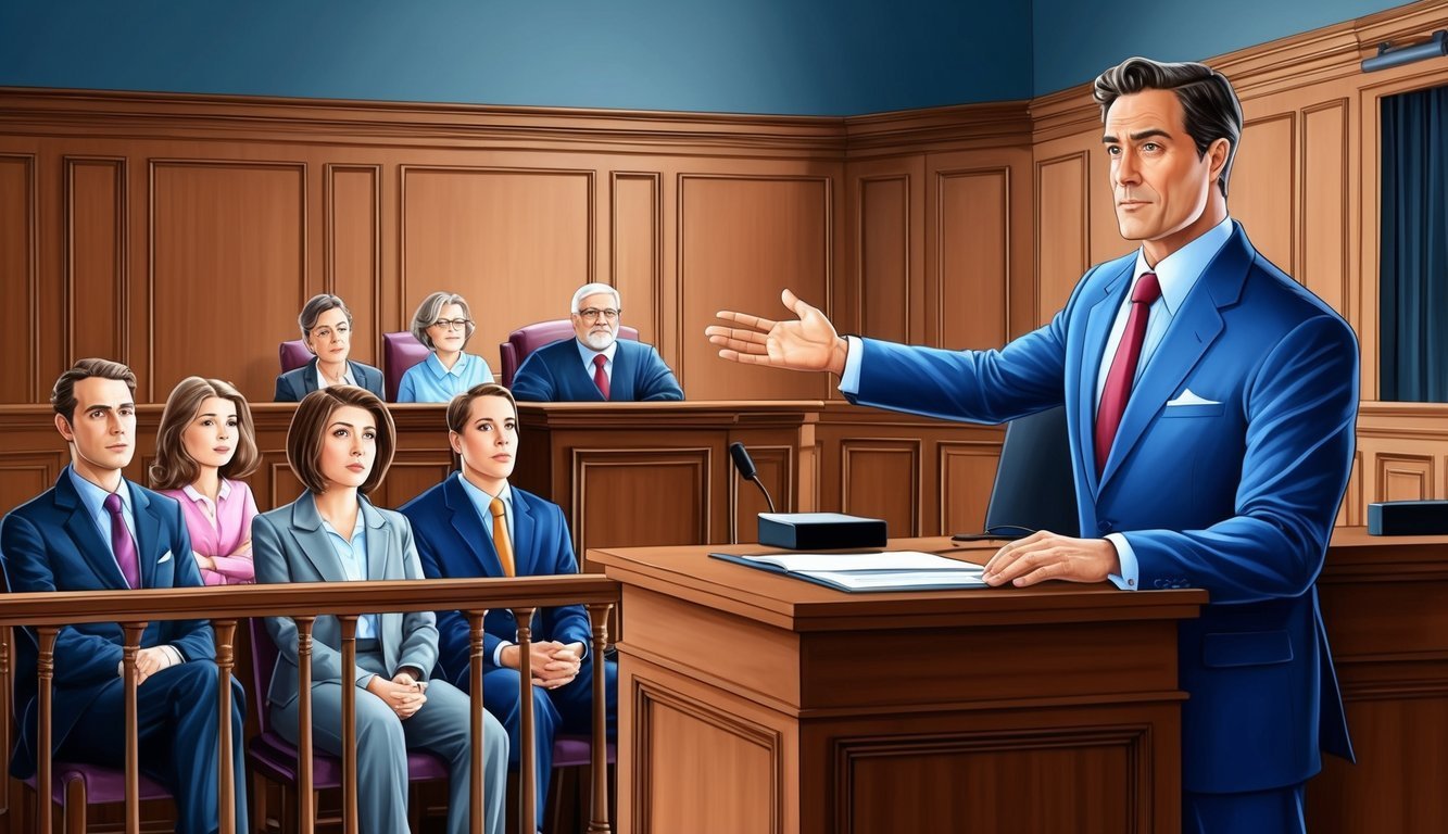 A courtroom scene with a confident lawyer presenting a compelling case to the jury, while a concerned family looks on from the gallery