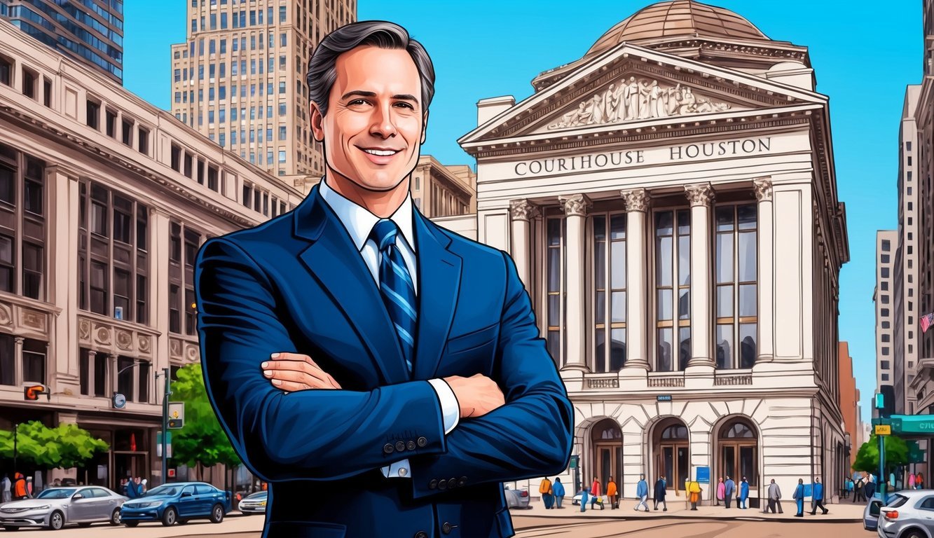 A confident lawyer standing in front of a courthouse in downtown Houston.</p><p>The building's grand architecture and bustling city streets serve as a backdrop