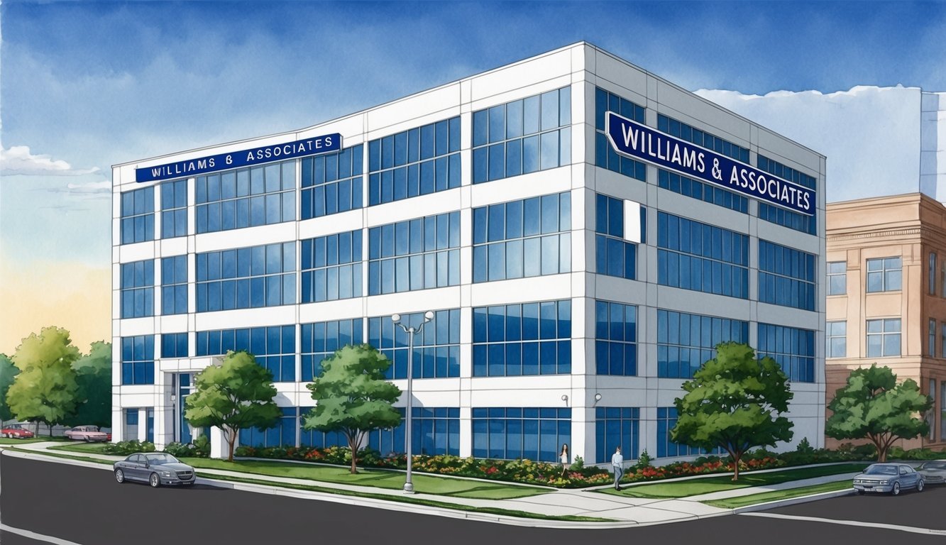 A modern office building in Atlanta with the name "Williams & Associates" prominently displayed on the exterior