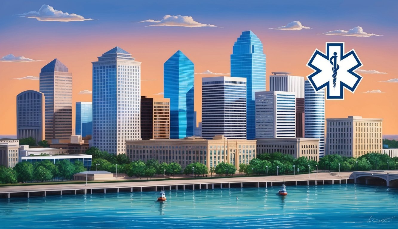 A bustling Houston skyline with a prominent law office building and a prominent medical symbol