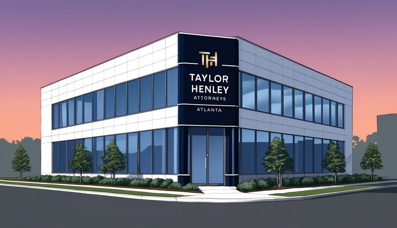A modern office building with a sleek exterior and prominent signage for "Taylor & Henley Attorneys" in Atlanta