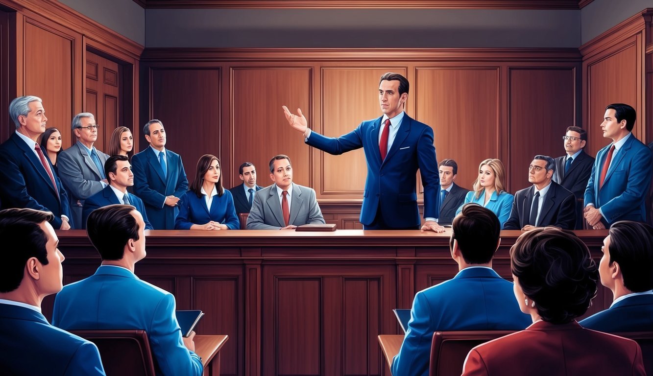 A courtroom with a lawyer presenting a compelling case to a jury