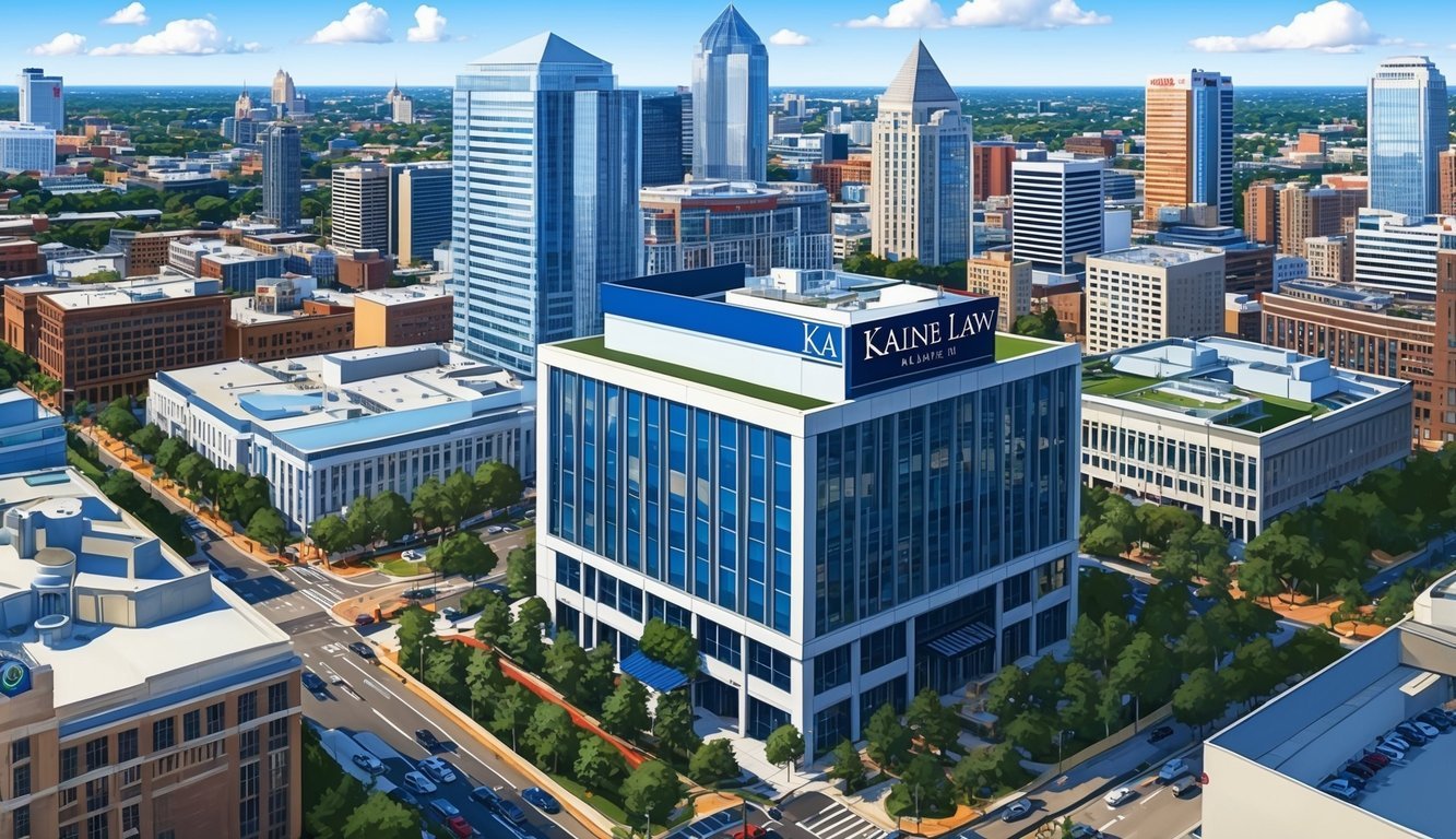 A bustling Atlanta cityscape with prominent Kaine Law signage atop a modern office building