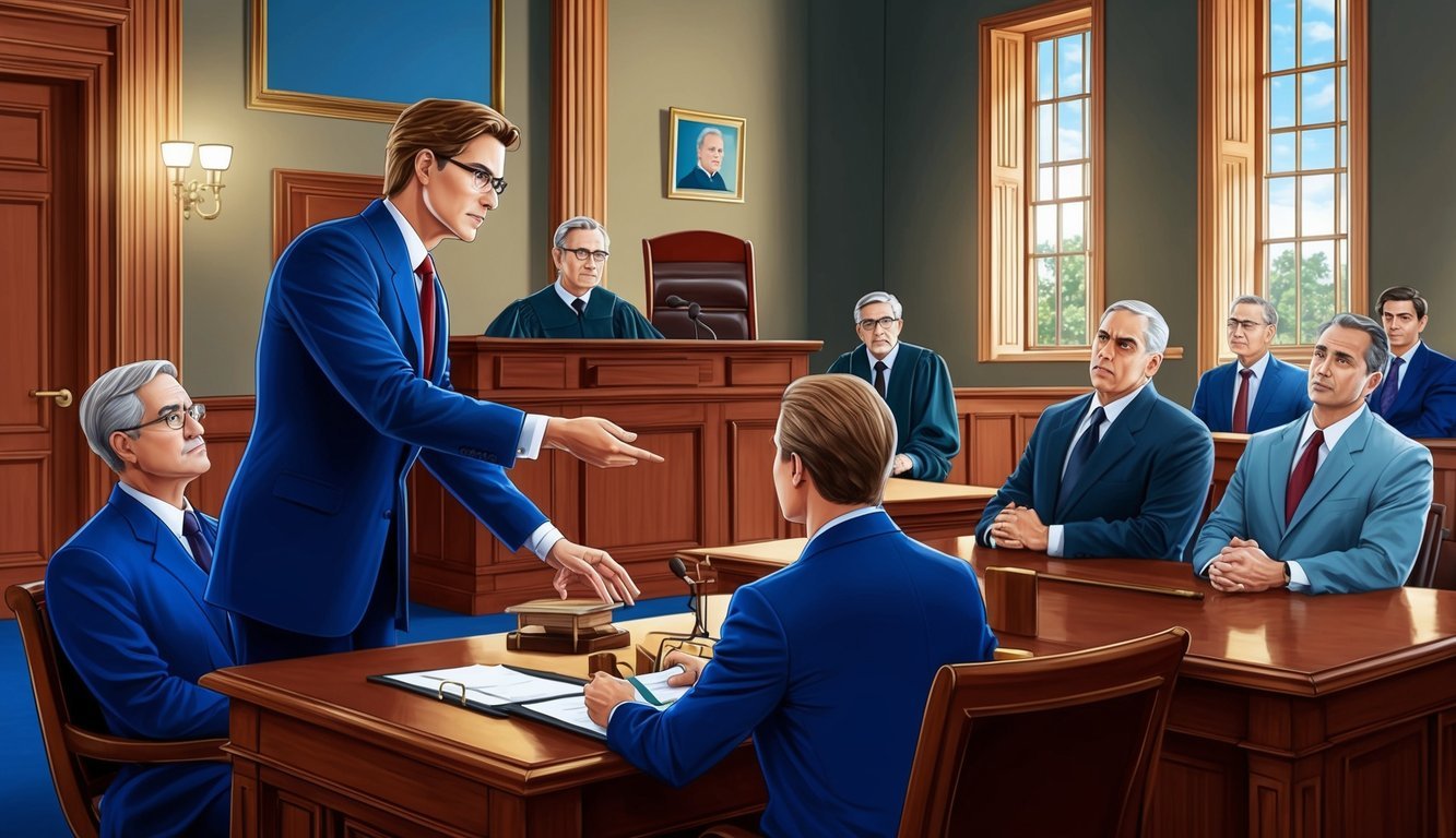 A courtroom scene with a lawyer presenting evidence to a judge and jury