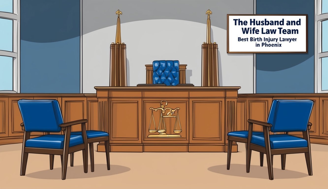 A courtroom with a podium and two chairs facing a judge's bench, with a sign reading "The Husband and Wife Law Team - Best birth injury lawyer in Phoenix" displayed prominently