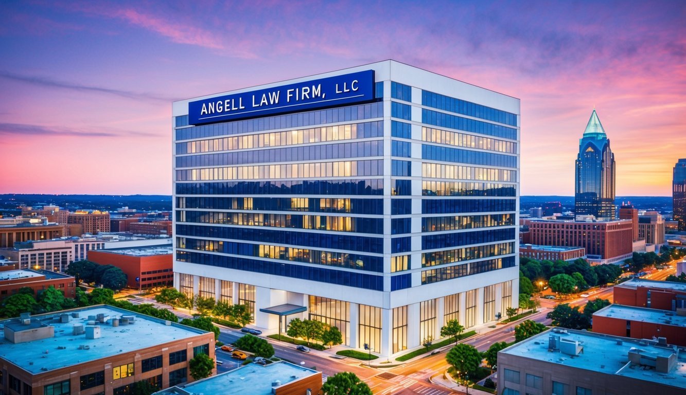 A modern office building with the Angell Law Firm, LLC sign prominently displayed, surrounded by the bustling cityscape of Atlanta