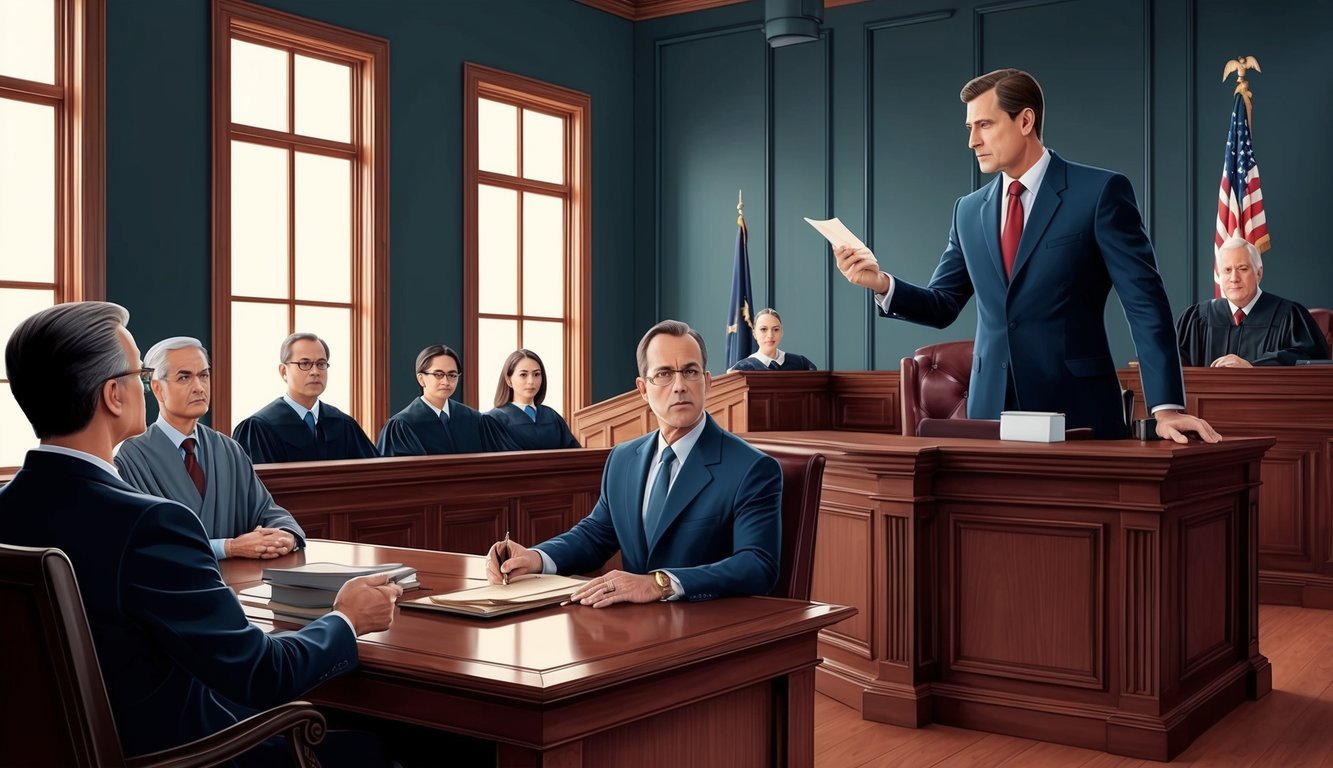 A courtroom setting with a lawyer presenting evidence to a judge and jury