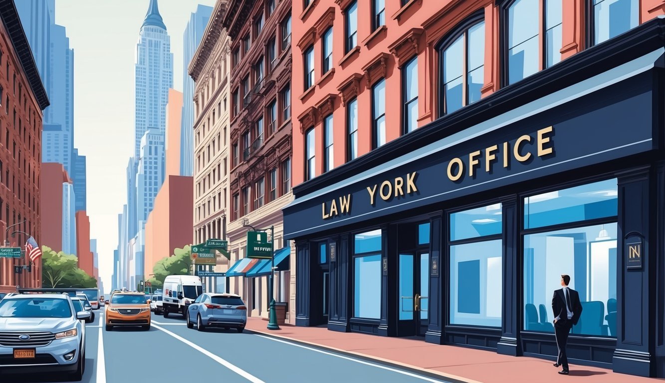 A bustling New York City street with a prominent law office sign and a sense of professionalism and expertise