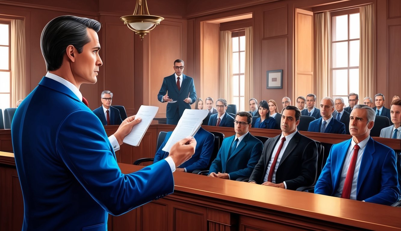 A courtroom with a confident lawyer presenting evidence to a jury