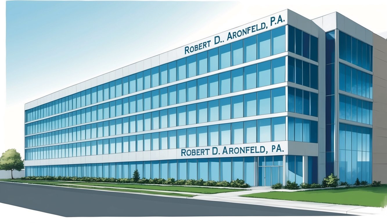 A sleek, modern office building with the name "Law Offices of Robert D. Aronfeld, P.A." prominently displayed