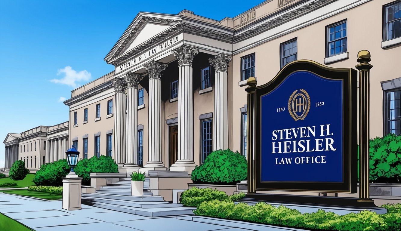 A stately law office in Washington DC, with a prominent sign displaying the name "Steven H. Heisler Law Office" and a professional atmosphere