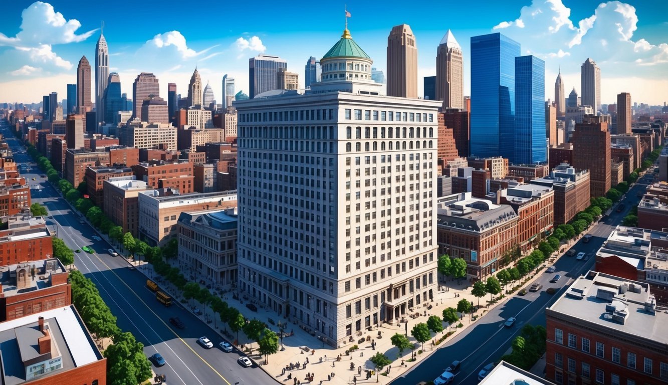 A bustling Philadelphia cityscape with a prominent law office building, surrounded by bustling streets and tall skyscrapers