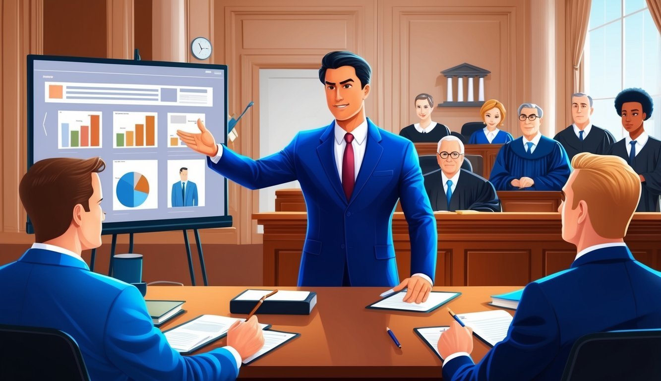 A courtroom scene with a confident lawyer presenting evidence and arguing a case before a judge and jury