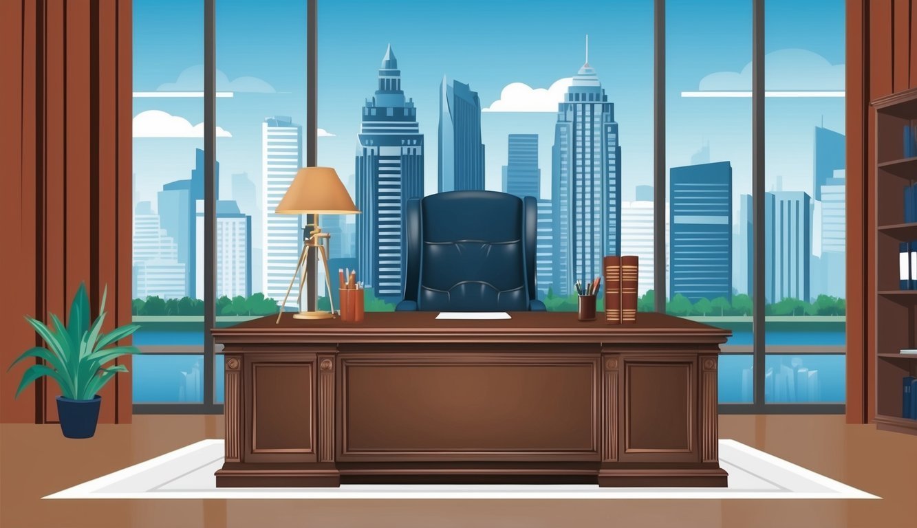 A lawyer's office with a city skyline in the background