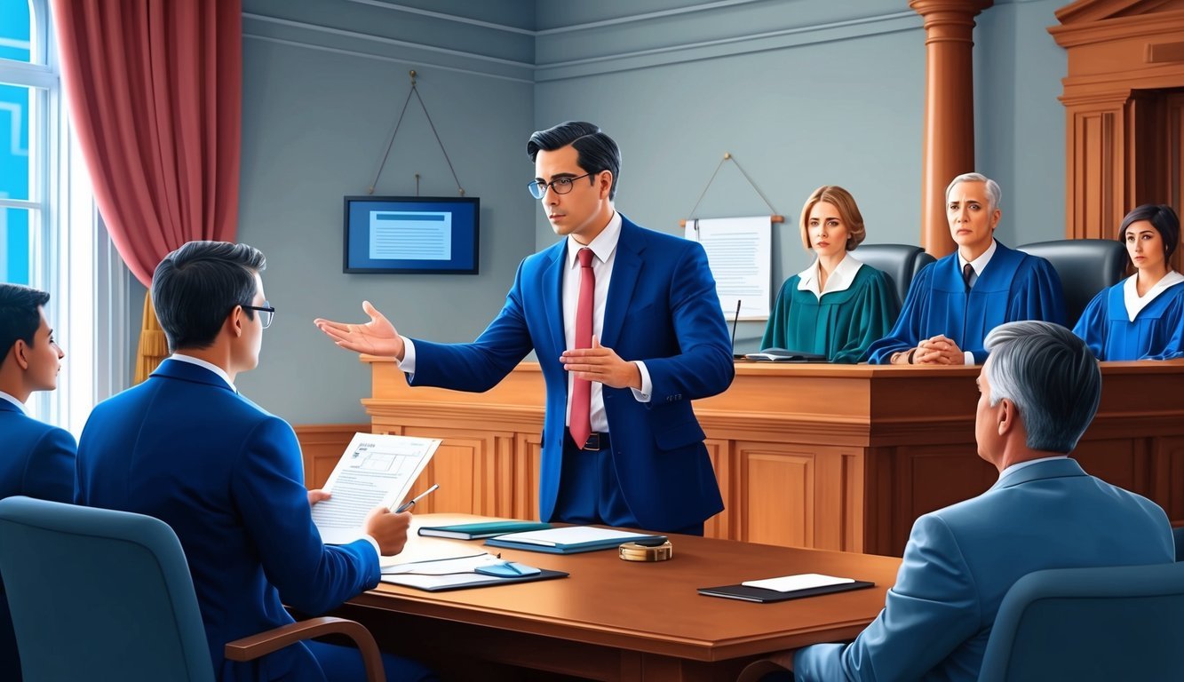 A courtroom scene with a lawyer presenting evidence and arguing a case before a judge and jury