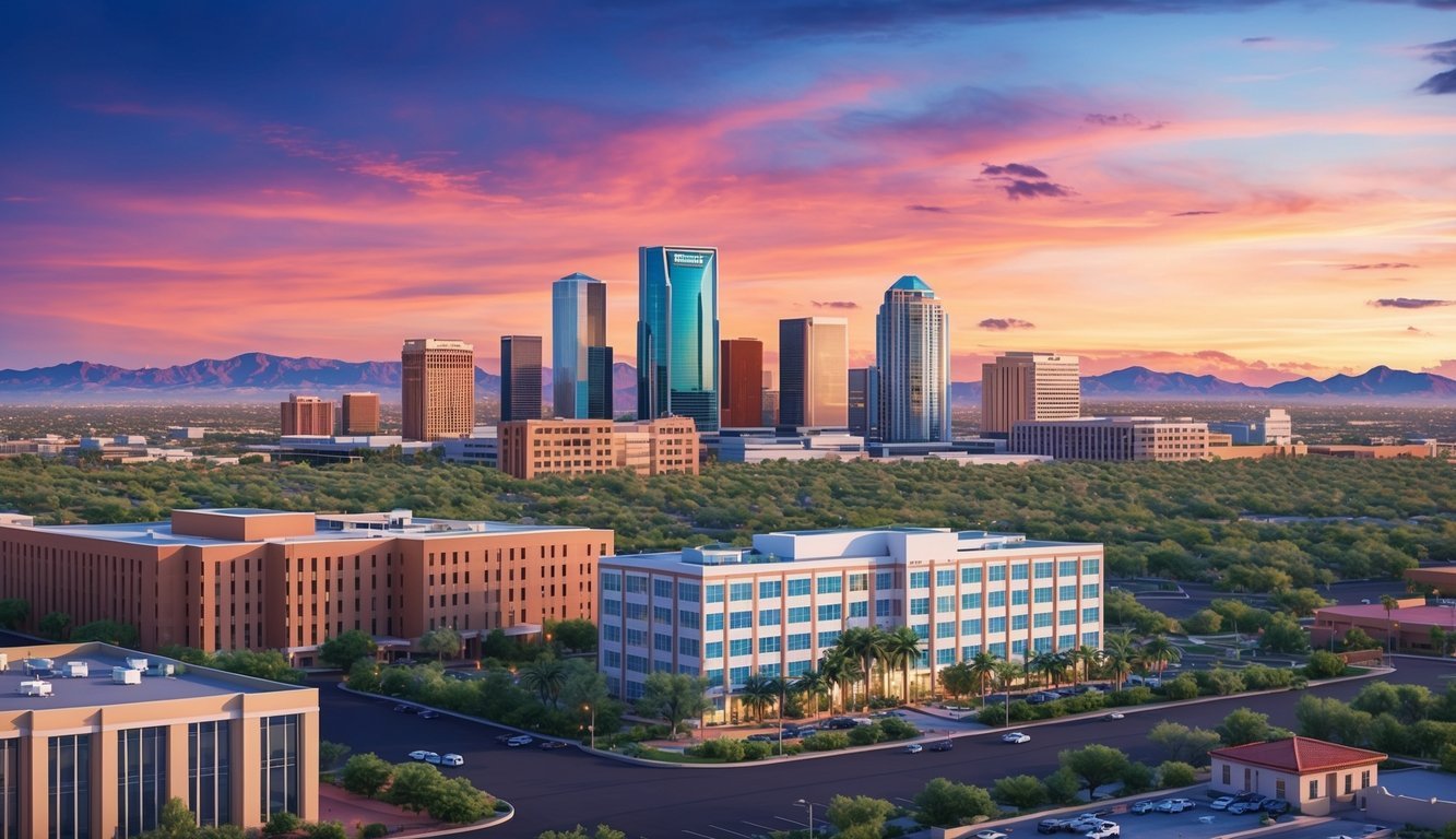 A Phoenix skyline at sunset with a prominent law office building and a nursing home in the foreground