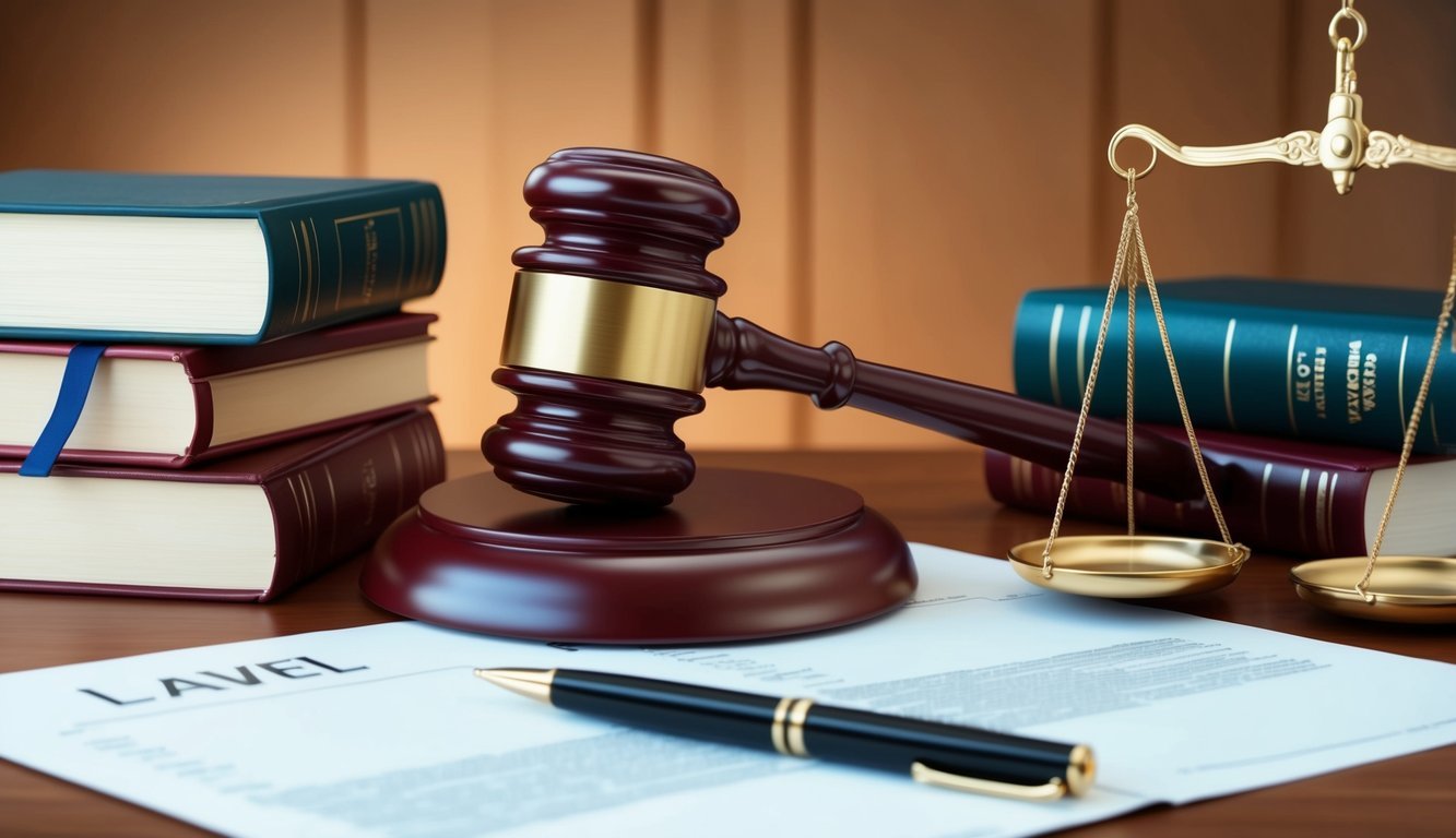 A gavel resting on a desk with a legal pad and pen, surrounded by law books and a scale of justice