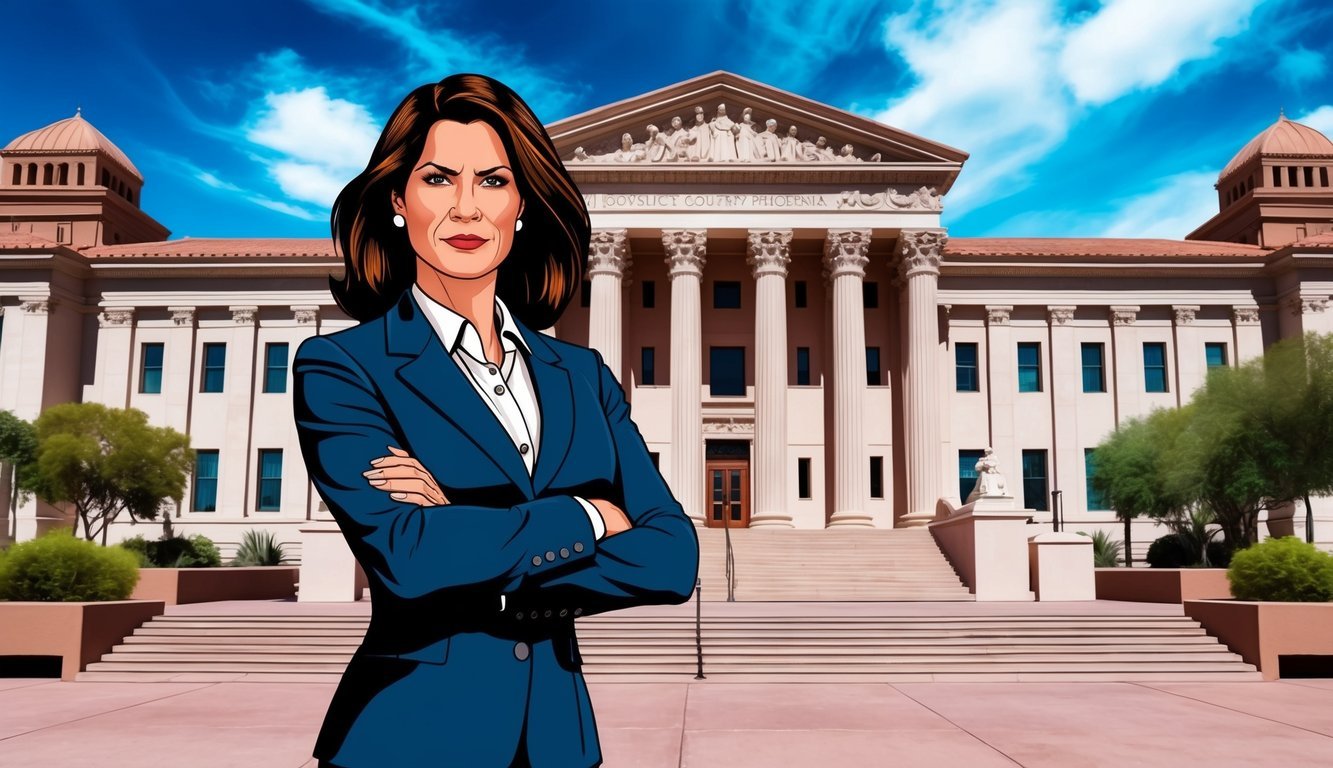 A confident lawyer standing in front of a grand courthouse in downtown Phoenix, with a determined expression on her face