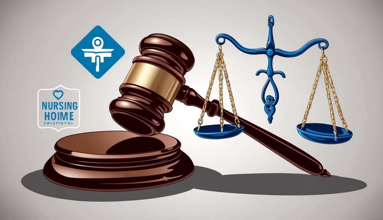 A gavel and scales of justice surrounded by nursing home symbols