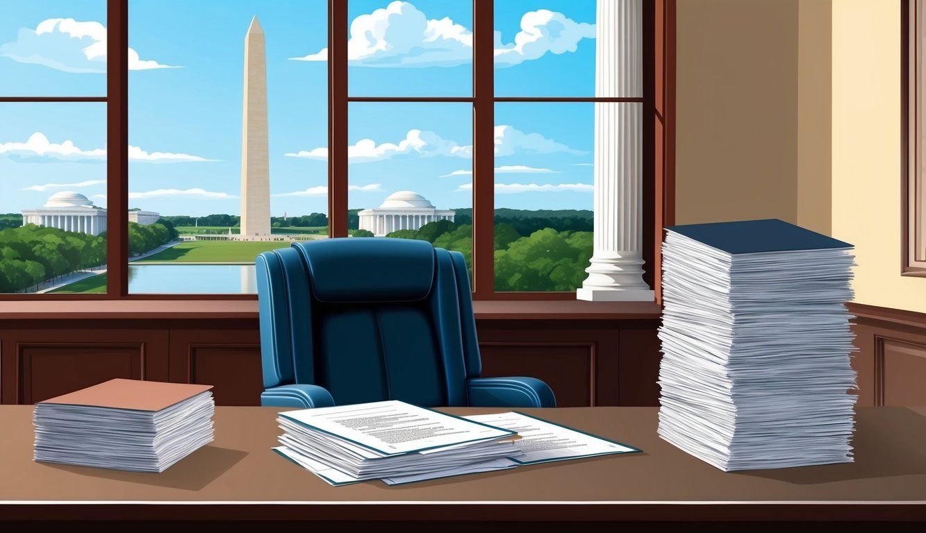 A lawyer's office with a view of the Washington Monument and a stack of legal documents on the desk