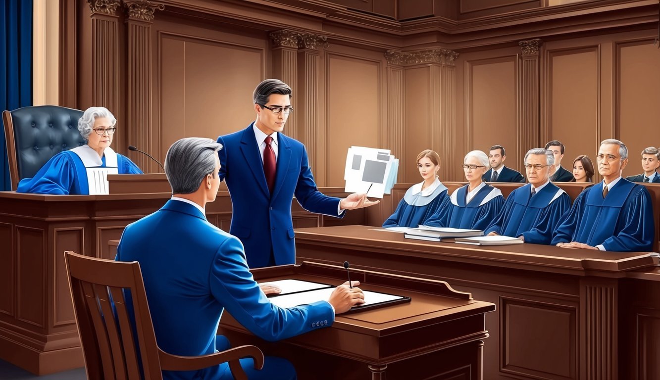 A dignified courtroom setting with a lawyer presenting evidence to a judge and jury